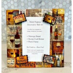 MAGNETIC WINE THEME MESSAGE BOARD, PHOTO FRAME, RECIPE CARD HOLDER 4 MAGNETS NEW